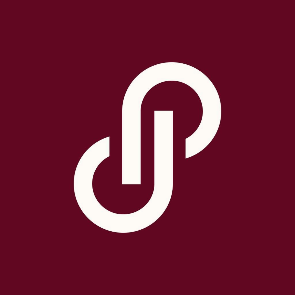 poshmark logo A minimalist white interlocking loop logo centered on a solid deep burgundy background.